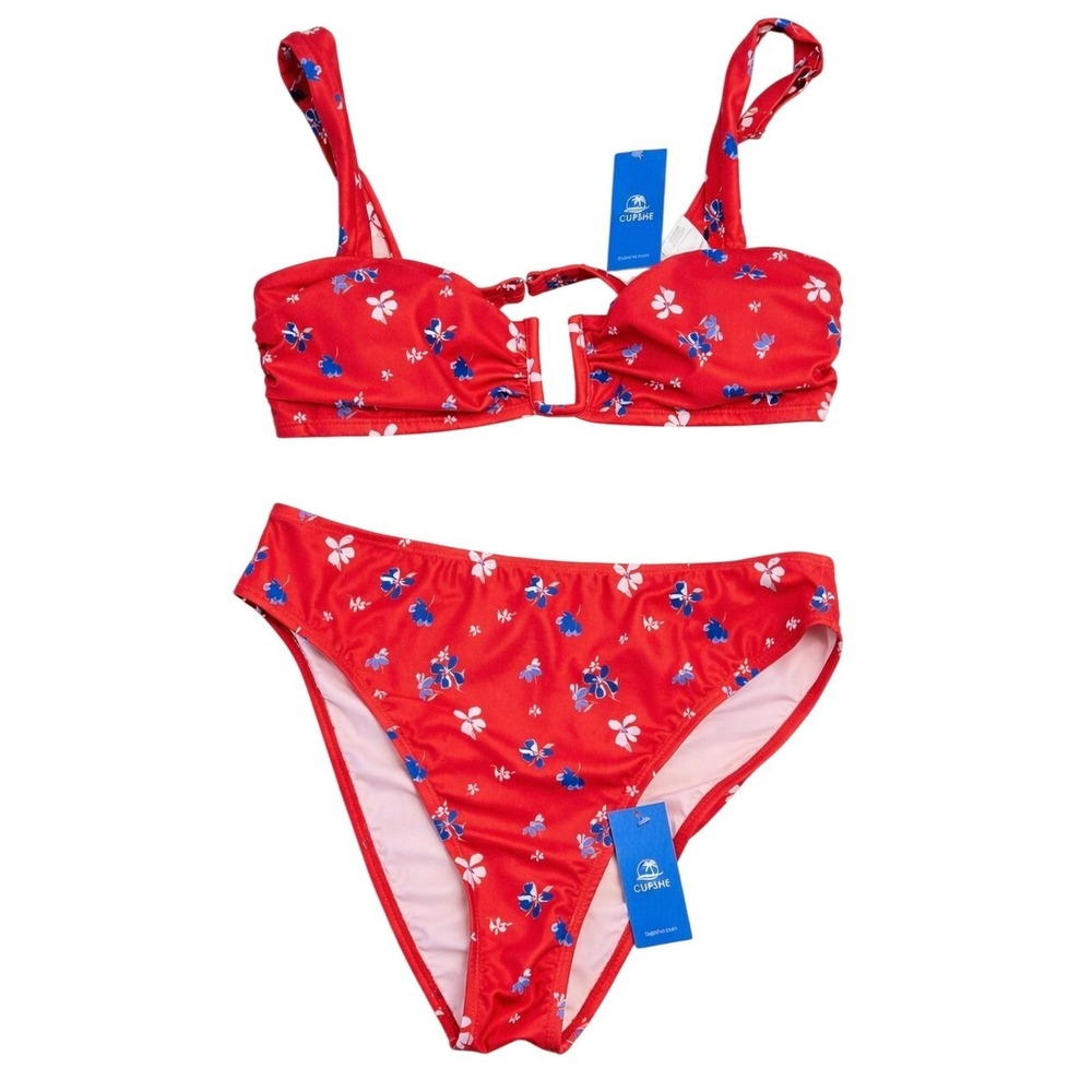 CUPSHE Red Floral Bikini Set Size‎ L V-Wire Top High Cut Bottom NWT